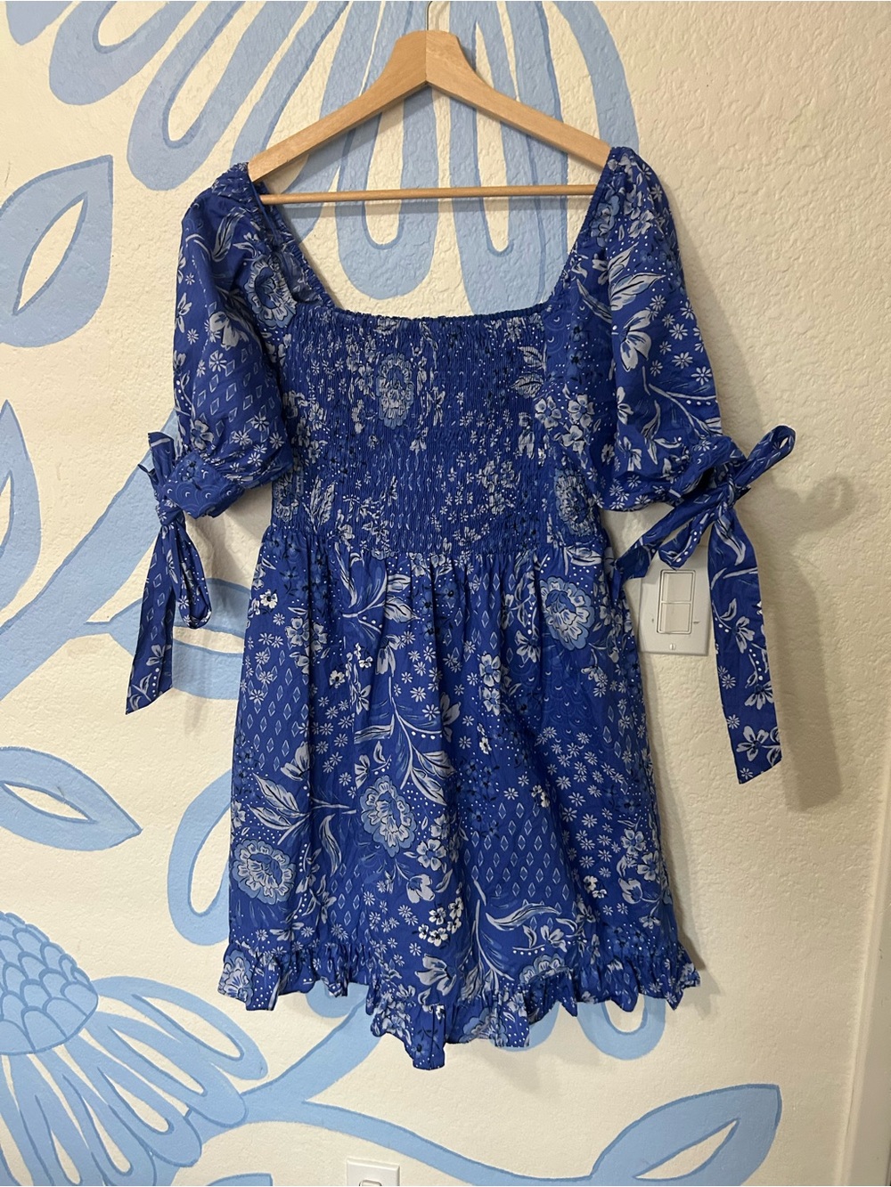 Sugarlips Blue Patchwork Floral Smocked Romper Dress